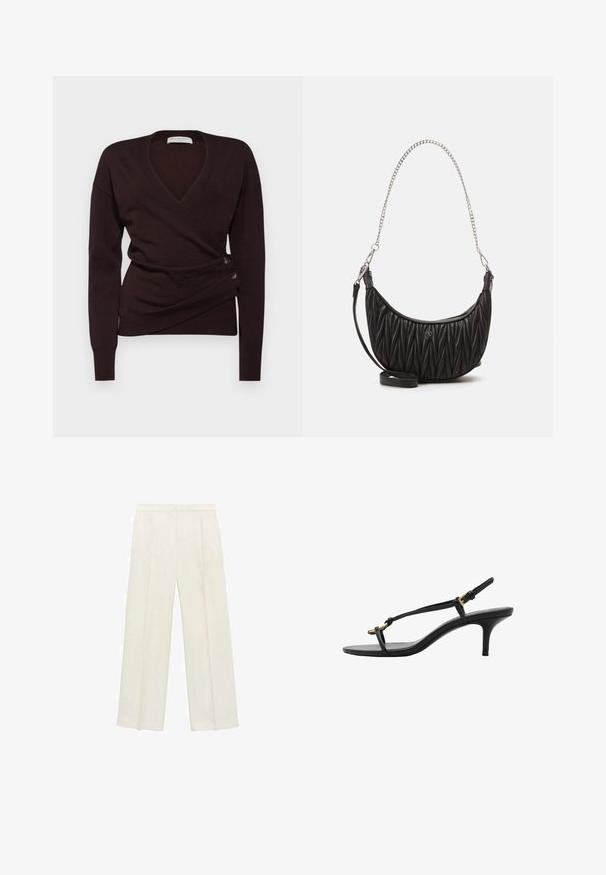 Tmavě hnědý zavinovací svetr z měkké tkaniny, s hlubokým výstřihem ve tvaru V, dlouhými rukávy a dekorativními knoflíky na bocích pro zapínání.; Kalhoty s širokými nohavicemi v světle krémové barvě. Vyrobené z hladké tkaniny s záhyby vpředu a bočními kapsami.; Černé kožené sandály na kotníkovém podpatku s tenkými pásky, zlatou sponou a minimalistickým provlečením na prstech na bílém pozadí.; Černá kabelka z umělé kůže s prošívanou texturou, zakřiveným tvarem, stříbrným řetízkem a malým logem na přední straně.