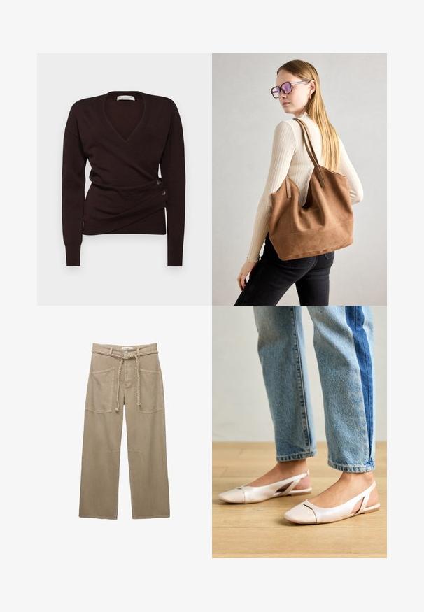 Sötétbarna, puha anyagból készült, átlapolt kardigán, mély V kivágással, hosszú ujjakkal és dísz gombokkal az oldalon a záráshoz.; Beige, széles szárú nadrág tartós anyagból, nagy elülső zsebekkel, fonott övvel és finom varrási részletekkel.; Világos rózsaszín slingback laposlábú cipők, hegyes orral, sima bőrhatású anyagból készült. Oldalt kivágott részletek találhatók rajta, valamint lapos sarkú.; Barna velúr vászontáska puha textúrával, nagy nyílással és hosszú pántokkal. Egyszerű dizájnnal rendelkezik, látható varrással és nincs rajta fém alkatrész.
