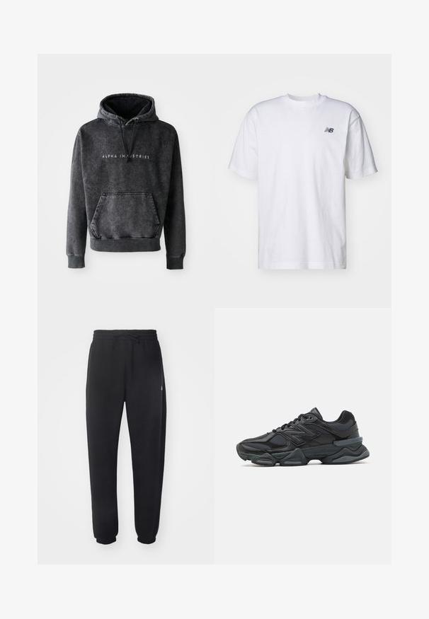 Γκρι φούτερ με υφή, διαθέτει τσέπη καγκουρό, ριμπ μανσέτες και τελείωμα, και λογότυπο "ALPHA INDUSTRIES" σε λευκό στο μπροστινό μέρος.; Λευκό κοντομάνικο μπλουζάκι με κανονική λαιμόκοψη και μικρό μαύρο λογότυπο New Balance στο αριστερό μέρος του στήθους, σε απλό φόντο.; Μαύρο αθλητικό παντελόνι φ made από μαλακό υλικό με ελαστική μέση, κορδόνι και στενά μανίκια, με διακριτό λογότυπο στο πλάι.; Μαύρο αθλητικό παπούτσι με συνδυασμό πλέγματος και συνθετικών υλικών, χοντρή σόλα, καμπυλωτό σχέδιο και έντονη επωνυμία στο πλάι.