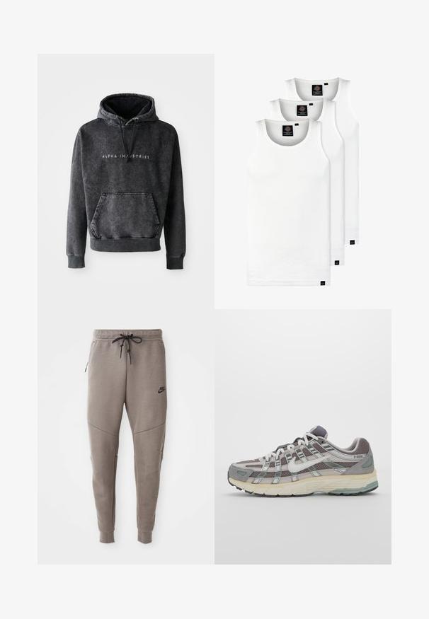 Felpa grigia con finitura testurizzata, dotata di tasca a canguro, polsini e orlo rigati, e logo "ALPHA INDUSTRIES" in bianco sul davanti.; Tre canotte bianche a coste in cotone. Presentano un colletto rotondo e piccole etichette nere vicino all'orlo. Disponibile in diverse taglie.; Pantaloni sportivi Nike grigi con cintura regolabile, gambe affusolate, tasche laterali e dettagli di cucitura distintivi. Tessuto morbido e texture.; Scarpa sportiva grigia con tomaia in mesh e suede, dettagli bianchi, suola ammortizzata e un design distintivo con elementi riflettenti.