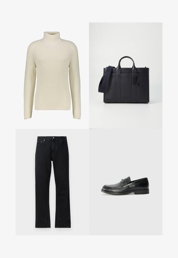 DRYKORN ARVID - Pulóver - offwhite; Fekete farmernadrág egyenes szárú kialakítással, gombos záródással, öt zsebes stílussal és diszkrét varrási részletekkel.; Fekete bőrcipő, lekerekített orral, varrott mintázattal, kis elülső pánttal, fém részletekkel és lapos gumitalppal.; Sötét tengerészkék bőr aktatáska, dupla felső fogantyúval és levehető pánttal. Texturált felülettel, függőleges varrással és logó részlettel rendelkezik.