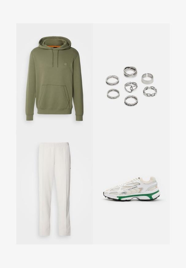 BOSS WETALK - Camisola - open green; Lacoste Calças de fato de treino - hammam; Sapatilha branca com detalhes verdes e sola de borracha preta. Apresenta painéis em malha e sintéticos, com um acabamento texturizado e costura visível.; Conjunto de sete anéis de prata com vários designs, incluindo padrões torcidos, entrelaçados e gravados. Diferentes formas e larguras.