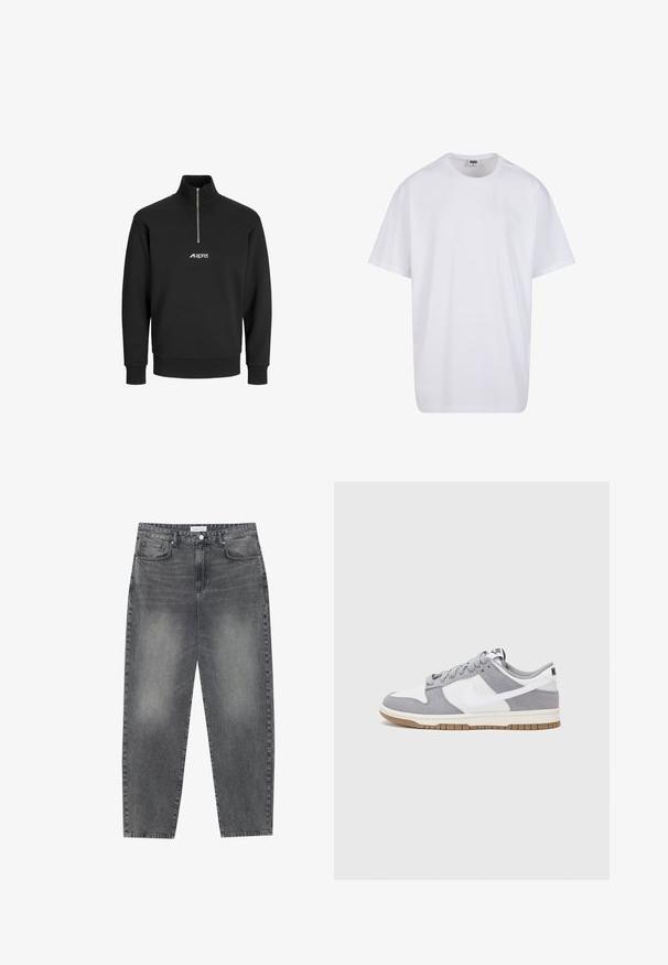 Sweat-shirt noir avec col haut, fermeture éclair et poignets élastiques. Présente un logo blanc sur la poitrine. Confectionné en tissu doux et texturé.; T-shirt en coton blanc avec des manches courtes, un col rond, une coupe décontractée et sans logos ni motifs visibles. Texture lisse et design minimaliste.; Jean taille haute, décontracté en denim noir délavé. Comprend cinq poches, des passants de ceinture et un design de jambe droite épurée.; Baskets grises et blanches avec un dessus en suède et cuir, bout rond, lacets plats et semelle en caoutchouc avec une touche de gomme.