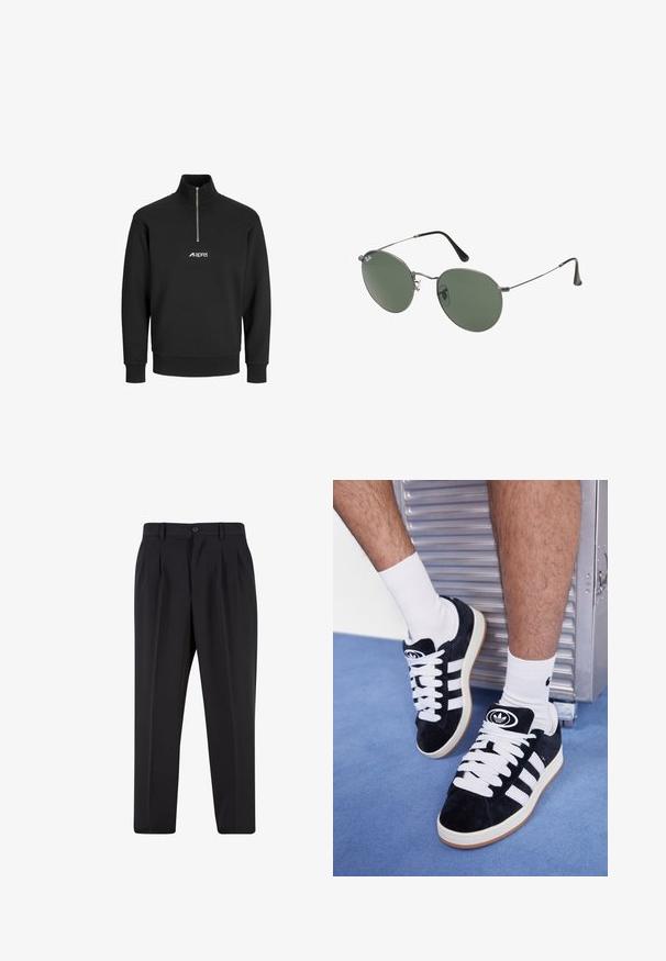 Črna svetrovka z visokim ovratnikom, zadrgo in elastičnimi manšetami. Na prsih je bel logotip. Narejena iz mehkega, teksturiranega blaga.; Črne hlače z nabranim sprednjim delom, narejene iz gladkega materiala. Imajo gumbasto zapiranje in zanke za pas; ravne hlačnice.; Črne semiš teniske z belimi vezalkami in tremi belimi črtami. Imajo okroglo črno oznako na jezičku in gumijast podplat.; Sončna očala z ovalnimi zelenimi lečami v kovinskem okvirju. Tanjši srebrni kovinski okvir in črne ušesne konice. Minimalistična zasnova, brez vidnih logotipov.