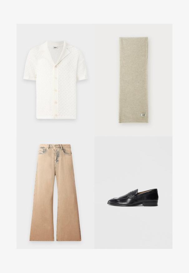 Kortærmet, hvid strikket cardigan med et tekstureret, åbent vævdesign og klassisk krave. Har seks knaplukninger foran.; Hvid langærmet skjorte lavet af tekstureret stof, med klassisk krave, knaplukning foran og lige kant, i en afslappet pasform.; Beige brede jeans med falmet tekstur, fem-lomme design og syet detaljering langs sømmene. Midjebåndet har en traditionel knaplukning.; Sorte læderslipper med en glat overflade, spidse tæer og subtil stikningsdetalje. Har en flad hæl og prægede logo på siden.; Beige strikket tørklæde med lodret ribbingstruktur. Har et lille stofmærke mærket "DRYARN" i den ene ende. Blødt, let materiale.; Sort butterflyknude med diagonale blå striber, lavet af et glat stof. Har en spids ende og en knyttet løkke i toppen.