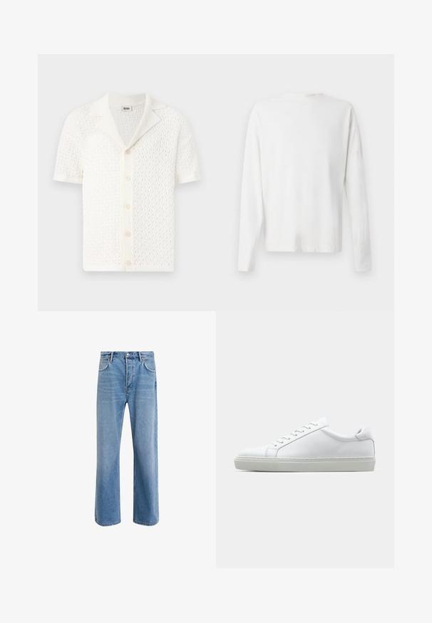 Korte mouwen, witte gebreide cardigan met een gestructureerd, open geweven ontwerp en een klassieke kraag. Voorzien van zes knoopsluitingen aan de voorkant.; Witte katoenen blouse met lange mouwen en een ronde halslijn, met zijsplitten aan de onderkant en een gladde textuur, vanuit de achterkant weergegeven.; Lichtblauwe denim jeans met een straight-leg ontwerp, vijf zakken, knoopsluiting, minimale vervaging en contrasterende stikseldetails.; Witte sneaker met een gladlederen bovenwerk en een laag profiel. Voorzien van een ronde neus, zes vetergaatjes en een gestructureerde rubberen zool.