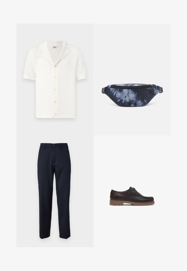 Cardigan blanc en tricot à manches courtes, avec un design en maille texturée et ouverte et un col classique. Présente six boutons de fermeture à l'avant.; Pantalon bleu marine en tissu lisse, doté d'un bouton avant, d'un design à jambes droites et de poches latérales. Pas de motifs ni d'ornements visibles.; Les Deux TAYLOR - Chaussures bateau - dark brown; Sac banane en imprimé tie-dye bleu marine avec un dessus zippé, en matériau texturé et un logo en évidence sur le devant.