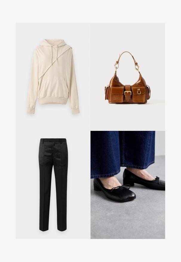 Béžová mikina vyrobená z mäkkej tkaniny. Obsahuje diagonálne šité akcenty, predné vrecko a rebrované manžety a lem.; Čierne nohavice s rovnými nohavicami a pásom s pútkami na opasok, s kombináciou matných a lesklých textilných panelov.; Čierne kožené topánky so štvorcovou špičkou a malým podpätkom, so zdobnou mašľou na prednej strane. Nosené s tmavými džínsami.; Hnedá kožená kabelka s zakriveným tvarom, dvojitým zlatým kovovým doplnkom, dvoma prednými vreckami a širokým popruhom. Hladká textúra s elegantným vzhľadom.