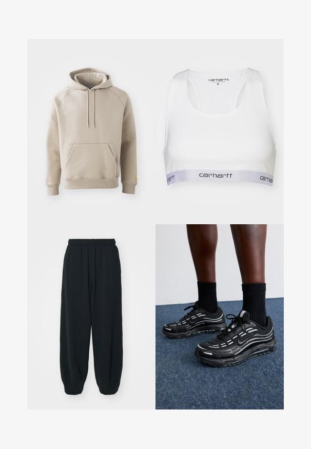 Felpa color khaki con una grande tasca frontale, polsini e orlo a coste. Presenta cordini regolabili e una vestibilità rilassata. Realizzata in tessuto morbido.; Bra sportivo bianco con tessuto liscio, design a dorso scoperto e una banda elastica grigia con il logo Carhartt in nero. Taglia piccola.; Pantaloni da jogging neri con vita elasticizzata, dalla vestibilità morbida, caviglie a costina, texture liscia e senza motivi visibili o dettagli in metallo.; Le scarpe Nike nere presentano una tomaia in mesh con strisce a contrasto, lacci testurizzati e una suola in gomma nera. Indossate con calze nere a costine.