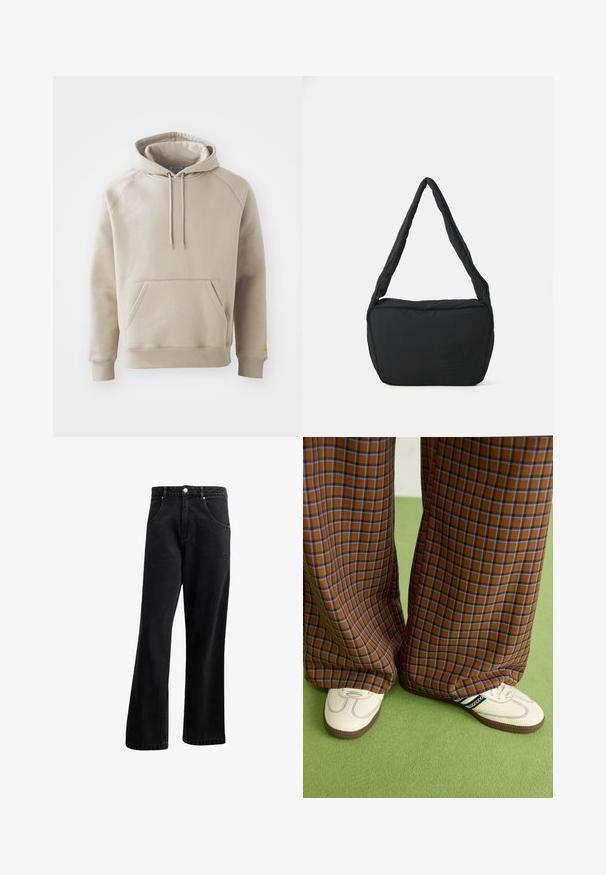 Khaki kapuutsiga särk, millel on suur esikott, soonikkoes varrukad ja ääred. Omab reguleeritavaid nööre ja mugavat lõiget. Valmistatud pehmest kangast.; Mustadest denimist valmistatud sirge säärega teksad, millel on esipocketid, nööbid ja kerge tekstuur. Lisatud on diskreetne logo detail.; Pruunide ja siniste ruuduliste laiad püksid, mille juurde on kombineeritud valged kingad mustade aktsentidega ja tekstuursete taldadega, roheline taust.; Must have kaelus kott pehmendatud tekstuuriga, ümmargune kuju ja lai rihm, mille esipaneelil on reljeefne logo.