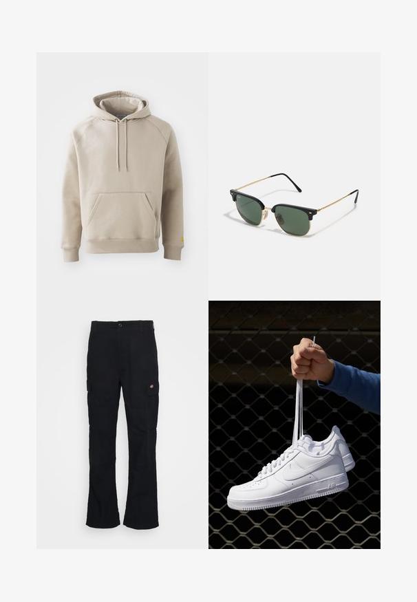 Khaki mikina s velkou kapsou na přední straně, žebrovanými manžetami a lemem. Má nastavitelné šňůrky a volný střih. Vyrobena z měkké tkaniny.; Černé cargo kalhoty se střihovým rovnými nohavicemi, vyrobené z odolné tkaniny, s bočními kapsami a nášivkou loga na levé straně.; Bílé kožené tenisky s perforacemi, kulatou špičkou, plochou podrážkou a silnými tkaničkami, které mají viditelné logo swoosh a nápis "AIR" na patě.; Sluneční brýle se zelenými čočkami, horní rám z černého plastu, zlaté kovové akcenty a štíhlé černé nožičky. Vyznačují se charakteristickým designem můstku.