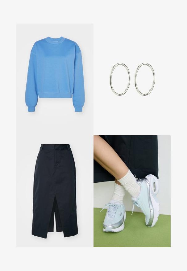 Weekday ESSENCE STANDARD - Pusa - blue medium; Tumedast meresinine midi-seelik, mis on valmistatud puuvilla segust, sisaldab ees olevat lõhet, varjatud lukku ja külgtaskuid funktsionaalsuse jaoks.; Heled sinine tennis, millel on hõbedased detailid, tekstureeritud ülemine osa, pehme põhi ja nähtav õhukamber. Kombineeritud valgete ribadega sokkidega.; Hõbedased rõngaskõrvarõngad, millel on sile ja poleeritud viimistlus. Ümmargune kuju, kerge disain, millel on turvaline sulgemismehhanism.