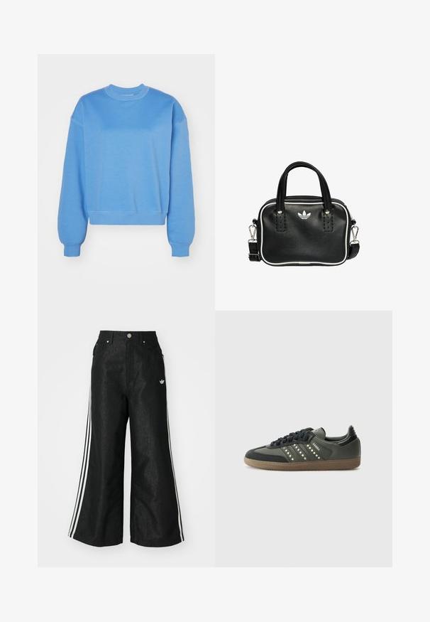Weekday ESSENCE STANDARD - Felpa - blue medium; Pantaloni in denim neri a gamba larga con tre strisce bianche su ciascun lato e un piccolo logo bianco. Presentano tasche frontali e chiusura con bottone.; adidas Originals SAMBA OG - Sneakers basse - core black/legend earth/gum; Borsa a mano in pelle nera con due manici corti, hardware argentato, dettagli bianchi e un logo bianco. Presenta una superficie strutturata e un design compatto.