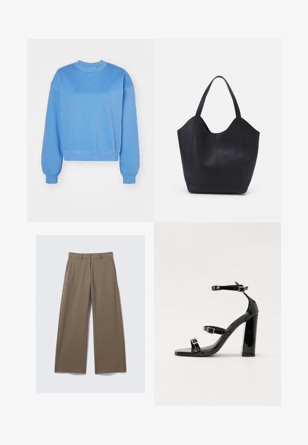Weekday ESSENCE STANDARD - Sweatshirt - blue medium; Brune stripete bredbukser med en glatt tekstur og klassisk design, med midjebånd og frontpress for en skreddersydd passform.; Svart høyglans sandaler med hæl, firkantet tå, ankelremmer og sølvspenner. Har en kraftig blokkhæl for stabilitet.; Svart tote-veske laget av glatt lær, med en buet, åpen topp og to skulderstropper, samt et minimalistisk design.