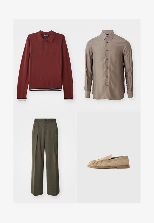 Tricou polo lung cu mânecă lungă, de culoare cărămizie, cu guler cu fermoar, având tiv și manșete ribbed cu dungi bleumarin și alb, realizat dintr-un material moale.; Cămașă cu mâneci lungi, de culoare taupe, realizată dintr-un material neted, cu un închidere cu butoni și butoni închis la culoare, având un mic logo pe piept.; Filippa K WIDE TROUSERS - Pantaloni - driftwood; Loafers din ante bej, cu un design pliat, având o talpă plată și o bandă decorativă peste partea superioară. Textură netedă.