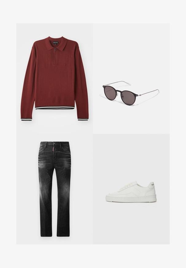 Camisa polo de manga longa em bordo com colarinho com fecho, apresentando margem e punhos canelados com riscas em azul marinho e branco, feita de um tecido macio.; Jeans de denim preto com um corte reto. Apresentam áreas desbotadas, ligeira degradação, design clássico de cinco bolsos e um fecho de botão.; Sapatilha de couro branco com acabamento suave, bico redondo, atacadores planos e uma sola texturizada. Apresenta um logotipo discreto no calcanhar.; Óculos de sol redondos pretos com lentes escuras e hastes metálicas finas. Inclui pontas de templo transparentes e detalhes em prata na dobradiça. Design minimalista.
