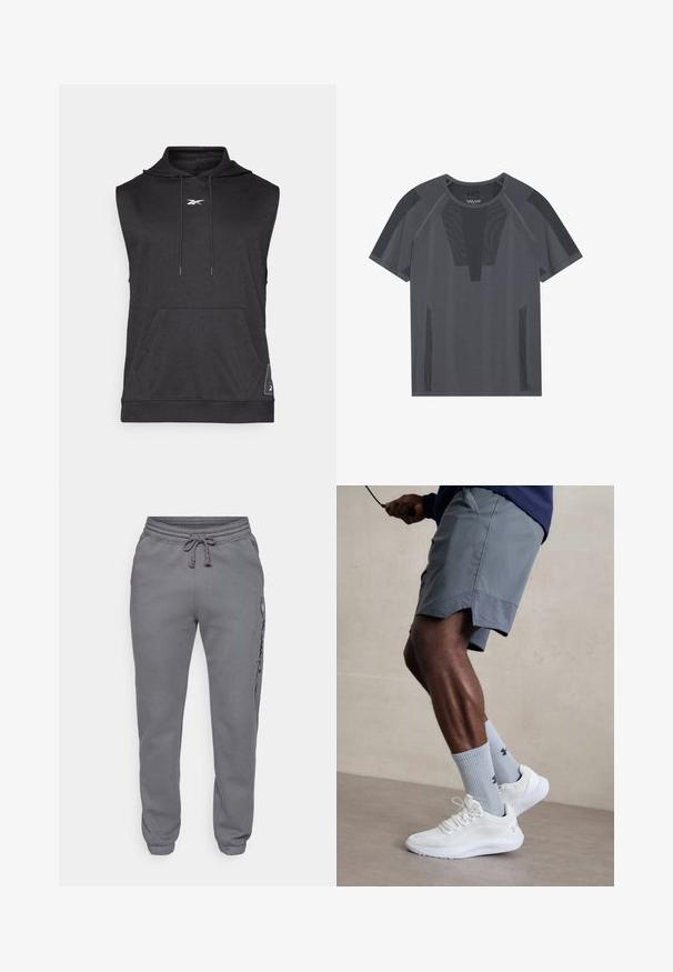 Melnā bezgarņa kapuci, izgatavota no mīkstas auduma, ar priekšējo kabatu, saspraužamu kapuci un baltu logotipa detaļu krūšu apgabalā.; Pelēks sporta T-krekls ar īsām piedurknēm, ar teksturētām sietu paneļiem un apaļu kakla izgriezumu, izstrādāts elpojamībai un komfortam.; Champion ICONS ELASTIC-CUFF SLIM FIT - Treniņtērpa apakšdaļas - foggy; Baltas sporta apavu pāris ar strukturētu acs virsu, apvienots ar gaiši zilo riboto zeķu pāri, kurā ir zīmols. Pelēki sporta šorti ar perforētu apdari.