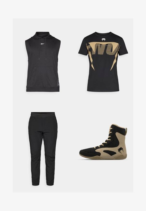 Felpa nera senza maniche realizzata in tessuto morbido, con tasca frontale, cappuccio con coulisse e dettaglio logo bianco sul petto.; Maglietta nera in cotone con un grande e audace motivo grafico dorato a strisce e logo cobra sul petto. Taglio classico con scollo rotondo.; Pantaloni neri elasticizzati con un design aderente, vita elastica e tasche con zip. Texture liscia con una finitura leggermente lucida.; Scarpa sportiva alta con esterno in rete nera e dettagli color beige. Suola in gomma testurizzata e logo sul lato.