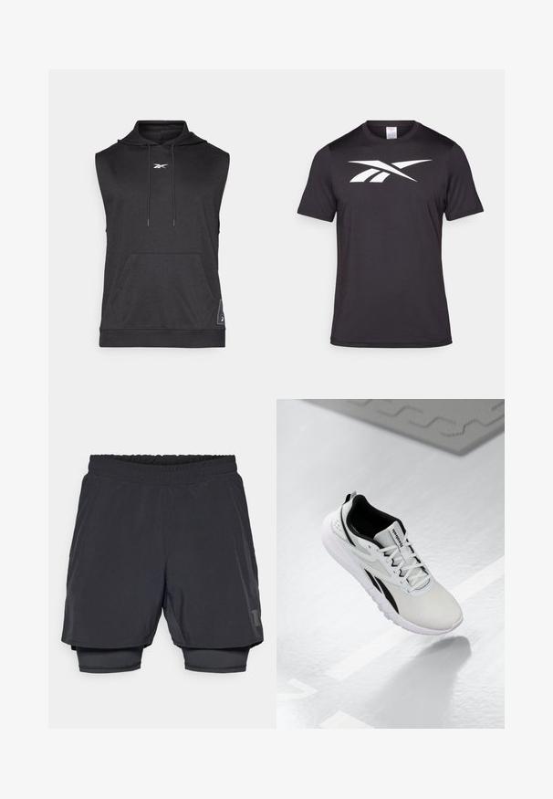 Hanorac negru fără mâneci, fabricat dintr-un material moale, cu un buzunar pe față, glugă cu șnur și detalii albastre ale logo-ului pe piept.; Tricou sport negru fabricat dintr-un material ușor, cu un logo alb proeminent pe partea din față. Design cu mâneci scurte și guler rotund.; Pantaloni scurți atletici negri, cu talie elastică, design în straturi și căptușeală interioară ajustată. Prezintă un logo subtil pe partea inferioară.; Pantof cu design sportiv de culoare gri deschis, cu accente negre, superior din plasă texturată, talpă cu amortizare și sistem de închidere cu șireturi. Dispune de un tab de prindere pe călcâi.