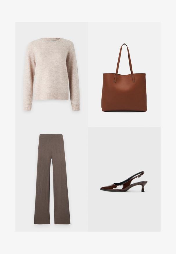Lys rosa genser laget av et mykt strikkemateriale, med rund hals, lange ermer og ribbestrikkede mansjetter og nederkant. Enkel, strukturert finish.; Ribbede bukser med vide ben i en mørk brun farge, med elastisk midjebånd og et mykt, teksturert stoff.; Brune patentlæder slingback sko med spids tå og moderat hæl. Har en spænde rem for sikker pasform. Glat tekstur.; Brun lær tote veske med en jevn tekstur, åpen toppdesign og to skulderstropper. Har minimal søm og ingen synlige spiker.