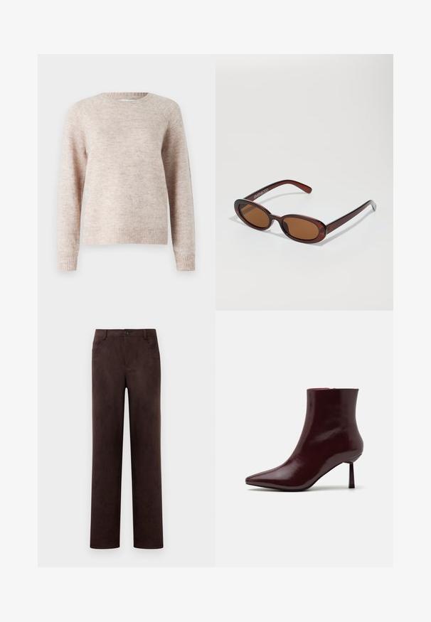 Heled roosa sviiter, mis on valmistatud pehmest kudumismaterjalist, millel on ümar kaelus, pikad varrukad ja soonikservad ning -alus. Lihtne, tekstuuriga viimistlus.; Sirgeda tumepruunest seemisnahast püksid, millel on ees nupp ja tõmblukk, pentsi aasad ning küljetaskud.; Burgundi patendnahast pahklu saapad terava ninaga ja slim stilettokanna, millel on sile ja läikiv tekstuur ning minimalistlik disain.; Ümar, pruunikased päikeseprillid läikiva burgundia raami ja peente kaubamärgi detailidega. Peened sangad ja lame läätsedesain.; Kootud burgundia punane käekott, millel on ümar kuju ja üks sang, millel on tekstureeritud pind ja elastne köidiku sulgemine.