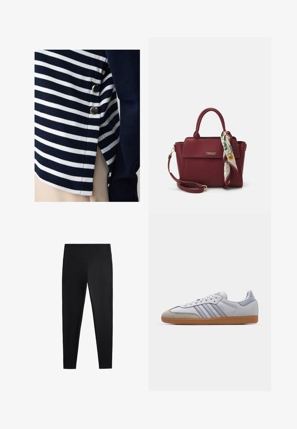 Gestreiftes Oberteil in Marineblau und Weiß, aus weichem Stoff mit metallicfarbenen Akzenten an der Seite sowie einem Verschlussdetail für zusätzlichen Stil.; Schwarze Leggings aus glattem, dehnbarem Stoff. Mit einem breiten Bund und tailliertem Bein Design, geeignet für aktive oder lässige Kleidung.; Weiße Ledersneaker mit hellblauen Akzenten, grauem Wildlederzehen und einer braunen Gummisohle. Verfügt über drei blaue Streifen und "Samba"-Branding.; Burgunderfarbene Handtasche aus synthetischem Material mit strukturiertem Design, ausgestattet mit einem abnehmbaren Trageriemen und einem blumenmusternden Schal, der am Griff gebunden ist.