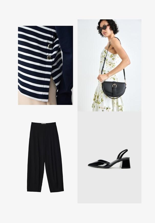 Top a righe nei colori blu navy e bianco, realizzato in tessuto morbido, con dettagli metallici lungo i lati e chiusura per un tocco di stile in più.; Pantaloni a gamba larga neri realizzati in tessuto leggero, con pieghe frontali, una vita classica e tasche laterali. Tessuto morbido.; Décolleté in vernice nera con punta affusolata e tacco in geometria cubica. Presentano un design elegante e minimalista, con una texture liscia.; Borsa a tracolla nera in pelle con una forma curva, manico rimovibile e accessori dorati. La borsa presenta una patta con un dettaglio a fibbia.