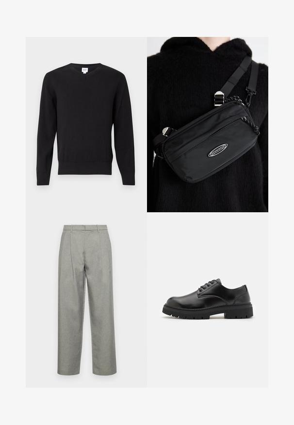 Musta V-pääntie villapaita pitkillä hihoilla, valmistettu sileästä kankaasta. Sisältää ribbireunat hihoissa ja helmassa, brändilogo kauluksessa. Normaalimuotoinen.; Harmaat räätälöidyt housut, jotka on valmistettu teksturoidusta kankaasta, suoralla lahkeella, etuplepaleilla ja tavallisella vyötäröllä, jossa on vyölenkit.; Mustat nahkakengät, joissa on pyöristetyt varpaat, nauhakiinnitys ja paksu, tekstuurilla varustettu kumipohja. Sisältää tikkausta reunoilla ja sileän pinnan.; Mustekchiefi musta nailon crossbody-kotelo säädettävällä hihnalla, jossa on sileä pinta, etupuolen vetoketjutasku ja logotunnus.