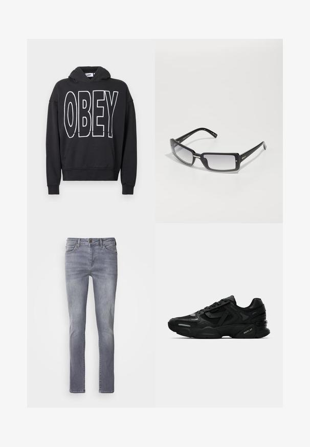 Juodas medvilninis džemperis su gobtuvu, priekyje didelis baltas „OBEY“ logotipas, kišenė kengrū, dygsniniai rankogaliai ir apačia.; Šviesiai pilki džinsai su tiesiu kirpimu, turintys penkis kišenes, varinį mygtuką ir nežymų nusidėvėjimą ant kojų.; Juodi sportiniai sneakeriai su tekstūruota viršutine dalimi, atspindinčiomis detalėmis ir pagalvotu padu. Yra raišteliai ir prekės ženklas šone.; Juodų stačiakampių saulės akinių su gradientiniu lęšiu, turinčių storą rėmelį ir metalinius akcentus ant kojelių. Visoje apieje glotni tekstūra.