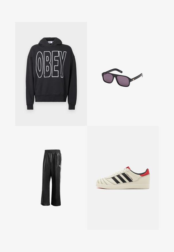 Hanorac negru din bumbac, cu un logo mare alb „OBEY” pe partea din față, buzunar tip cangur și manșete și tiv striate.; Pantaloni de trening sintetici negri cu talie elastică, având dungi albe pe laturi și un mic logo alb pe şoldul stâng.; Tenisi din piele crem cu dungi negre, accente roșii la călcâi și detalii texturate. Au talpă din cauciuc și sistem de închidere cu șiret.; Ochelari de soare negri cu ramă pătrată, lentile întunecate și un accent cu logo auriu pe braț. Material plastic neted cu finisaj mat.