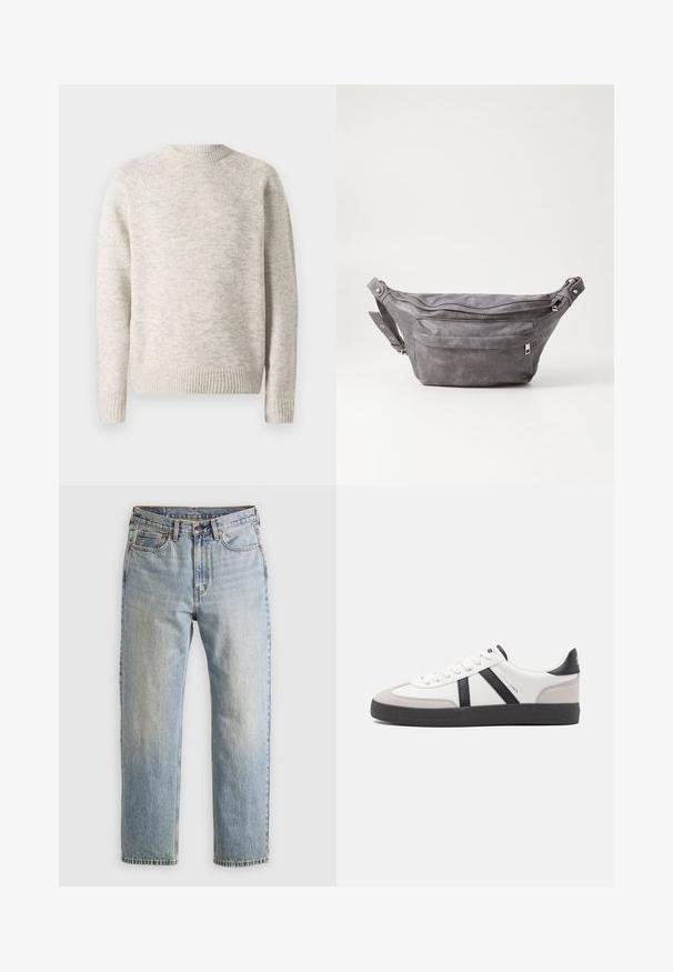 Pull léger beige en tissu tricoté texturé. Présente un col rond et des poignets et un ourlet côtelés. Design simple et à enfiler.; Jean en denim bleu clair à taille haute, avec bouton avant, fermeture éclair et design à cinq poches, posé à plat sur un fond neutre.; Baskets blanches avec des accents noirs et gris, présentant un embout texturé gris, une semelle en caoutchouc noir et des lacets plats blancs. Design épuré, style minimaliste.; Sac banane en suède gris avec une forme arrondie, deux compartiments zippés et une sangle réglable. Comprend des accents en métal.