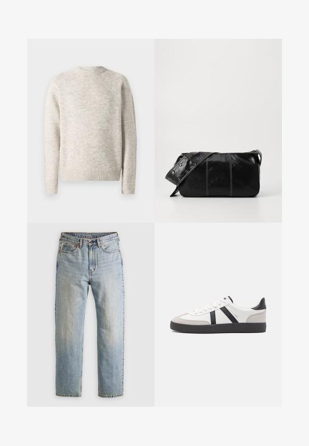 Lichtbeige trui gemaakt van gestructureerde gebreide stof. Heeft een ronde hals en geribbelde boorden en zoom. Eenvoudig pullover ontwerp.; Lichtblauwe denim jeans met hoge taille, frontknop, rits en vijfzakkenontwerp, plat gelegd op een neutrale achtergrond.; Witte sneaker met zwarte en grijze accenten, voorzien van een grijze neus met textuur, zwarte rubberen zool en platte witte veters. Schoon ontwerp, minimalistische stijl.; Zwarte leren schoudertas met een ritsluiting, voorzien van een gestructureerd lichaam, witte stiksels en een band met zilveren oogjes.