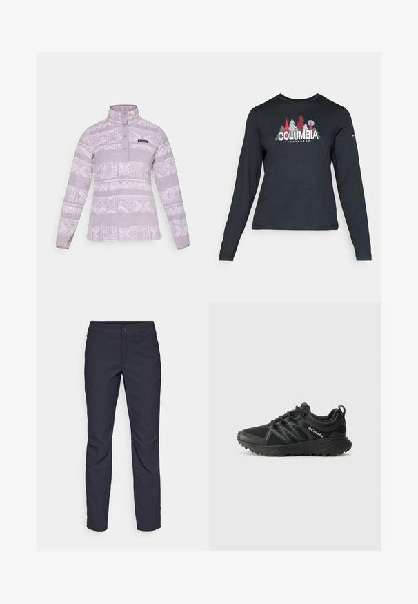 Kergelt lavendelil värviline fliisist pullover, millel on mustriline valge disain, seisev krae ja kolm nuppu. Rinnas on logo.; Pikend varrukatega tumehall särk, millel on punaste puude ja mägede graafika; "COLUMBIA" logo julge valge tekstiga. Pehme kangas, tavaline ümmargune kaelus.; Tumedat sinised püksid sujuva kangaga, millel on esiääre nuppude sulgemine, kitsas lõige ja volditud detailid põlvede piirkonnas.; Columbia PEAKFREAK - Matkajalatsid - black