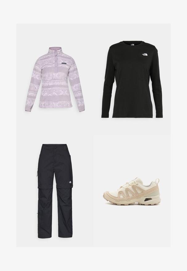 Kergelt lavendelil värviline fliisist pullover, millel on mustriline valge disain, seisev krae ja kolm nuppu. Rinnas on logo.; Must mustahiheline T-särk, millel on pikad varrukad, valmistatud puuvillast ja ümarast kaelusest. Vasakul rinnal on väike valge logo. Lihtne disain ja sobivus.; Mustad nailonist valmistatud eemaldatavad cargo-püksid, reguleeritavate pahkluudega, mitmete taskutega ja paremal jalal logoga. Sile, kerge tekstuur.; Beež ja koobalti spordijalats tekstureeritud võrkkattega, toetavad ülemised kihid ja kummist tallaga, millel on mustriga joonistus haardeks.