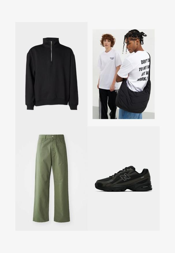 Felpa nera con colletto alto, dotata di chiusura a mezza zip, maniche lunghe e polsini e orlo a coste. Tessuto morbido.; Pantaloni larghi verde oliva realizzati in cotone. Presentano passanti per cintura, chiusura con bottone frontale e tasche laterali. Texture liscia.; Scarpe sportive nere con una tomaia in sintetico testurizzato, dotate di una suola imbottita e un prominente logo "N" sul lato. Il design include sezioni in rete leggera.; Borsa a spalla nera trapuntata con una texture morbida, indossata da una persona con una maglietta grafica bianca con testo in grassetto. Outfit casual con jeans.