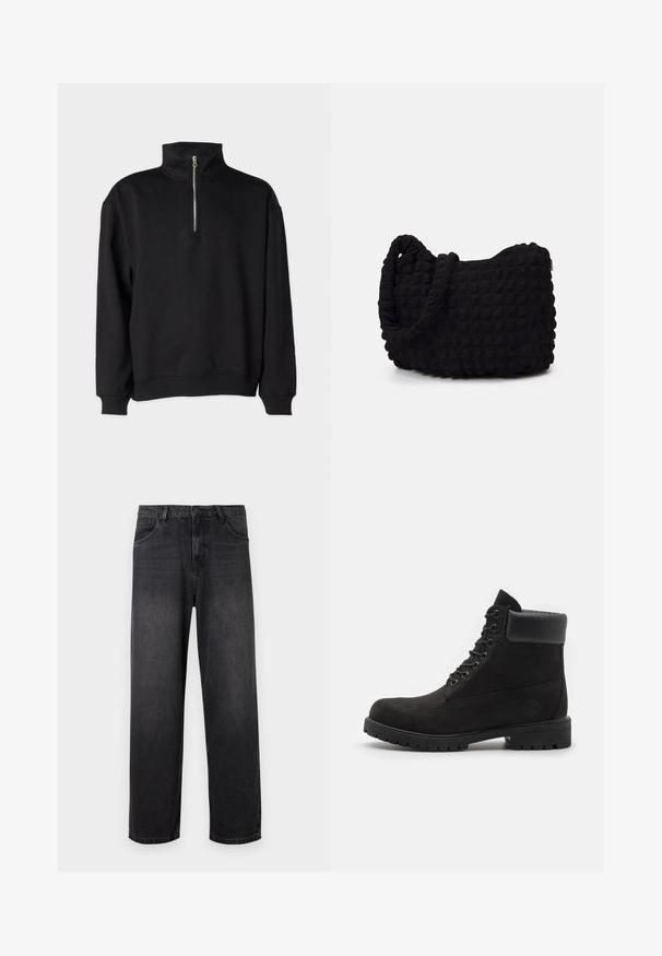 Pull-over noir avec un col haut, doté d'une fermeture à demi-zip, de manches longues et de poignets et ourlet côtelés. Texture de tissu douce.; Jeans en denim gris foncé avec un design à jambe droite, dotés d'une fermeture éclair, de cinq poches et de légères décolorations sur le tissu.; Bottine noire à lacets avec col rembourré et semelle robuste, présentée de profil sur fond blanc.; Sac en tissu noir avec un motif texturé et matelassé. Forme arrondie, poignées courtes et épaisses, et structure souple et flexible.