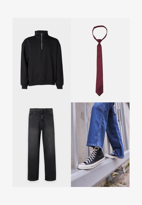 Sort pullover sweatshirt med høj krave, med halv lynlås, lange ærmer og ribbede manchetter og kant. Blød stoftekstur.; Mørkegrå denim jeans med lige ben, der har lynlås i gylpen, fem lommer og diskrete falmende detaljer på stoffet.; Sorte høj-top sneakers med hvid sål og snørebånd, parret med løse blå denimjeans, hvilende på et gråt gelænder.; Bordeaux satin slipset med en glat tekstur, smal bredde og spids spids; har en løkke for nemt brug.