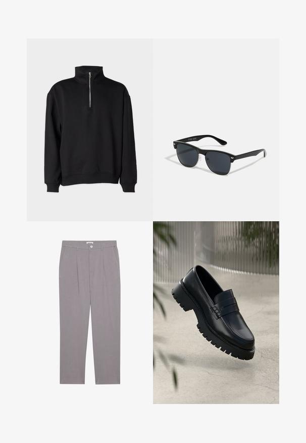 Felpa nera con colletto alto, dotata di chiusura a mezza zip, maniche lunghe e polsini e orlo a coste. Tessuto morbido.; Pantaloni grigi su misura con taglio dritto, dotati di due tasche frontali, pieghe e chiusura a bottone. Realizzati in tessuto leggero.; Mocasini in pelle nera con suola a tassello spessa, con una fascia decorativa e dettagli di cucitura. Texture liscia con una finitura lucida.; Occhiali da sole neri con forma rettangolare, lenti scure, dettagli in argento alle tempie e finitura opaca sulla montatura.