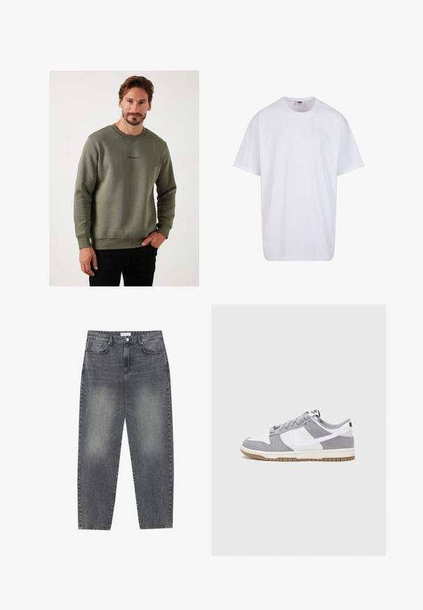 Felpa verde oliva realizzata in tessuto morbido, con scollatura a girocollo e dettagli del logo ricamati sul petto. Vestibilità slim, maniche lunghe.; Maglietta bianca in cotone con maniche corte, scollatura rotonda, vestibilità comoda e senza loghi o motivi visibili. Texture liscia e design minimale.; Jeans a vita alta, dal taglio ampio in denim nero sbiadito. Presentano cinque tasche, passanti per cintura e un design dritto e pulito.; Sneaker grigia e bianca con tomaia in suede e pelle, punta arrotondata, lacci piatti e soletta in gomma con un accento color caramello.