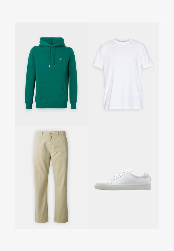 Zelená mikina s kapucňou na šnúrku, predným vreckom, rebrovanými manžetami a vyšívaným logom na hrudi. Vyrobená z jemného, pohodlného materiálu.; Biela bavlnená tričko s krátkymi rukávmi, okrúhlym výstrihom a voľným strihom. Má minimalistický dizajn, bez vzorov alebo akcentov.; Béžové bavlnené nohavice so strihaťou rovného strihu, predným zapínaním na gombík a pútkami na opasok. Hladká textura, bez viditeľných vzorov alebo akcentov.; Biele tenisky s hladkým koženým zvrškom a nízkym profilom. Majú zaoblenú špičku, šesť očiek a štruktúrovanú gumovú podrážku.