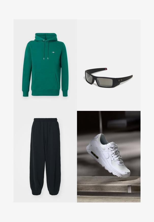 Green hoodie with a front pocket, drawstring hood, ribbed cuffs, and an embroidered logo on the chest. Made from soft, comfortable material.; Black, elasticated-waist sweatpants with a loose fit, cuffed ankles, smooth texture, and no visible patterns or hardware accents.; White Nike Air Max 90 sneaker featuring a mesh and leather upper, perforated toe box, and a visible air unit in the heel.; Black sunglasses with a matte finish, rectangular lenses, slight curve on temples, subtle logo detail, and smoke-tinted lenses.