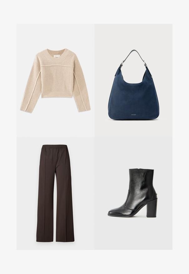 Beige, geripptes, verkürztes Strickoberteil mit langen Ärmeln, rundem Halsausschnitt und dekorativen Nähten entlang der Ärmelnähte.; Weite Hosen aus dunkelbraunem Stoff mit einem elastischen Taillenbund, die eine glatte Textur und klare Linien für einen eleganten Look aufweisen.; Schwarze Leder-Stiefelette mit glatter Textur, spitzem Fuß und klobigem hohen Absatz. Verfügt über eine seitliche Öffnung und ein minimalistisches Design.; Marineblaue Leder-Umhängetasche mit glatter Textur, geschwungener Form und einem einzelnen verstellbaren Riemen. Verfügt über ein kleines Logo unten.