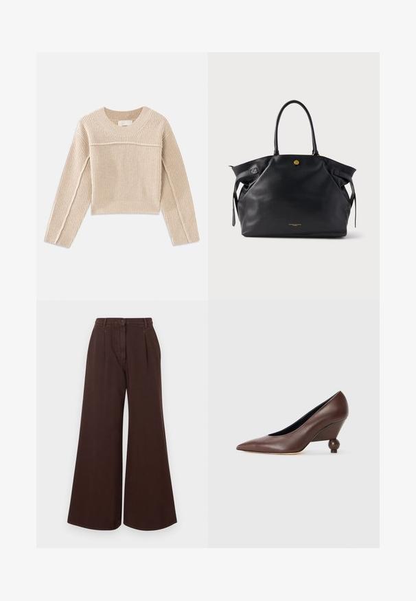 Beige, žebrovaný pletený cropped svetr s dlouhými rukávy, kulatým výstřihem a dekoračním prošitím podél švů rukávů.; Hnědé kalhoty s vysokým pasem, širokými nohavicemi, zapínáním na knoflík a zip, poutky na pásek a předními sklady.; Hnědé kožené klínové lodičky s špičatou špičkou a zaobleným, kulatým podpatkem. Hladký povrch s jednoduchým designem a minimem akcentů.; Černá kožená kabelka na rameno s texturovaným povrchem, zlatým kováním a dvěma zaoblenými úchyty. Vybavena bezpečným zapínáním a minimálním značením.