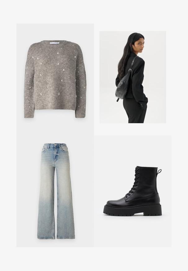 Gray sweater made of soft knit fabric, featuring scattered decorative sequins, round neckline, and long sleeves. Simple design with a relaxed fit.; Light blue wide-leg jeans made of denim, featuring a high waist, five pockets, and visible stitching along the seams.; Black leather ankle boots with a round toe, lace-up front, and a thick rubber sole featuring a textured tread. Pull tab at the back.; Woman with long dark hair wearing a black suit, carrying a black leather shoulder bag, looking over her shoulder against a white background.
