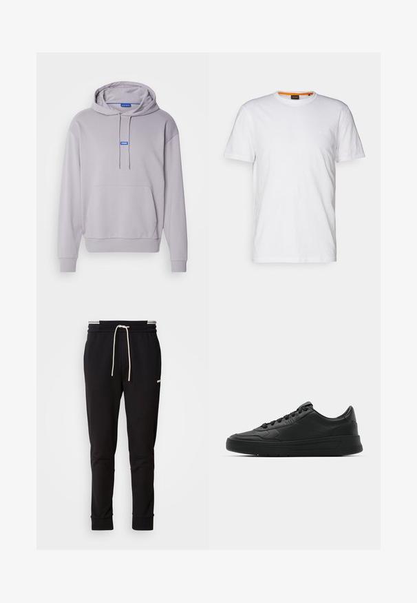Világosszürke kapucnis pulóver, puha anyagból készült, elülső zsebével, állítható zsinórral és egy kis kék márkajelzéssel a mellkason.; Fehér pamut póló kerek nyakkivágással, rövid ujjakkal, és finoman domborított logóval a mellkason. A belső címke narancssárga akcentussal rendelkezik.; Fekete, slim-fit jogger nadrág fehér húzózsinórral, bordás mandzsettákkal és diszkrét logóval a comb felső részén, egyszínű háttér előtt.; Fekete sneaker sima bőr felsőrésszel, kerek orral, lapos fűzőkkel, párnázott nyakkal és minimalista dizájnnal. Gumi talp finom profillal.