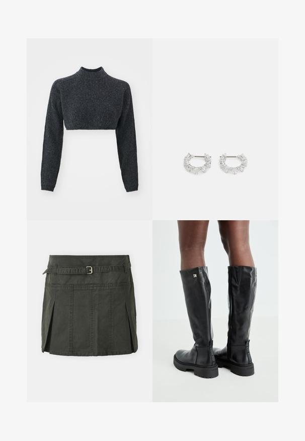 Krátky rolákový sveter v tmavošedej farbe, s dlhými rukávmi a textúrovanou pleteninou. Dizajn je priliehavý a minimalisticý, bez viditeľných doplnkov.; Tmavozelená bavlnená mini sukňa s priliehavým pásom, pásikom a prednými prehybmi. Obsahuje detaily šitia a klasický strih.; Čierne kožené čižmy po kolená s hladkou textúrou, okrúhlou špičkou, masívnou podrážkou a zipsovým zapínaním. Na boku majú strieborné logo.; Strieborné kruhové náušnice so štvorcovými a trojuholníkovými priehľadnými kryštálmi usporiadanými do kruhového vzoru, s centrálnym kolíkom na zapínanie.