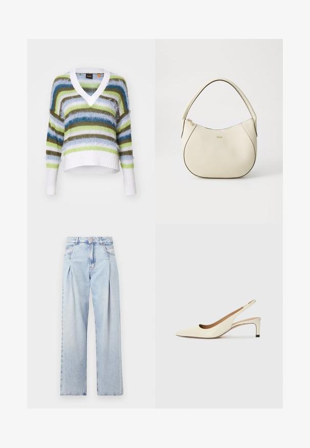 Pulover stratificat cu decolteu în V, în nuanțe de albastru, verde, maro și alb. Textură tricotată cu accente de franjuri, croială scurtă și tiv și manșete cu rigle.; Jeans din denim albastru deschis cu talie înaltă, croială evazată, două buzunare laterale și un design pliat. Textură moale cu un finisaj decolorat.; Sandal cu vârful ascuțit, tip slingback, din piele albă, cu toc jos și design decupat, având o textură fină și accente minime.; Geantă de mână de culoare crem, cu un finisaj texturat, formă curbată, mânere scurte și detalii cu logo auriu. Închidere cu fermoar în partea de sus.