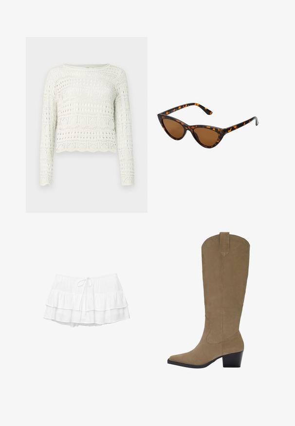 Fehér, rövidített pulóver hosszú ujjal, bonyolult nyitott mintázattal és fodros szegéllyel. Könnyű, texturált kötött anyagból készült.; Fehér, réteges szoknya három fodros résszel, elasztikus derékbőséggel és húzózsinórral. Könnyű, texturált anyagból készült.; Térd fölé érő, világosbarna, nubukbőr csizmák hegyes orral, tömör sarkukkal és az oldalakon varrás részletekkel. Sima tapintás és letisztult forma.; Cica szemüveg fekete és narancssárga teknőc pánttal, barna lencsékkel és sima, hegyes végekkel. A templomán egy minimalista logó található.