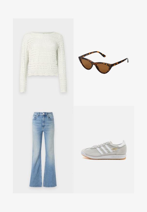 Maglione bianco corto con maniche lunghe, caratterizzato da intricati motivi a traforo e un orlo scallopato. Realizzato in un materiale leggero e tessuto a maglia.; Jeans flared di colore blu chiaro in denim, dotati di vita alta, design a cinque tasche e una leggera sfumatura verso l'orlo.; Sneaker grigio chiaro realizzato in suede e rete, con tre strisce bianche, punta arrotondata e suola in gomma color caramello. Accento del logo dorato vicino ai lacci.; Occhiali da sole cat-eye con una montatura tartarugata nera e arancione, lenti marroni e punte affusolate e eleganti. Presentano un logo minimale sulla asta.