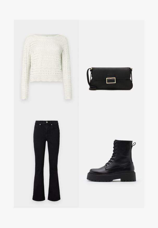 Fehér, rövidített pulóver hosszú ujjal, bonyolult nyitott mintázattal és fodros szegéllyel. Könnyű, texturált kötött anyagból készült.; Fekete, harangszárú farmernadrág, közepes üléssel, első zsebekkel és gombzárral. Simább textúra minimális varrási részletekkel.; Fekete bőr bokacsizma, kerek orral, fűzős elülső résszel és vastag, texturált gumitalppal. Húzófül hátul.; Fekete bőr kézitáska hajtóka részlettel és aranyszínű fém csattal. Tartalmaz egy fekete pántot és egy letisztult, minimális dizájnt.